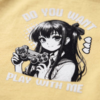 Gros plan sur l'impression manga noir et blanc de la gameuse a la manette sur coton jaune pale