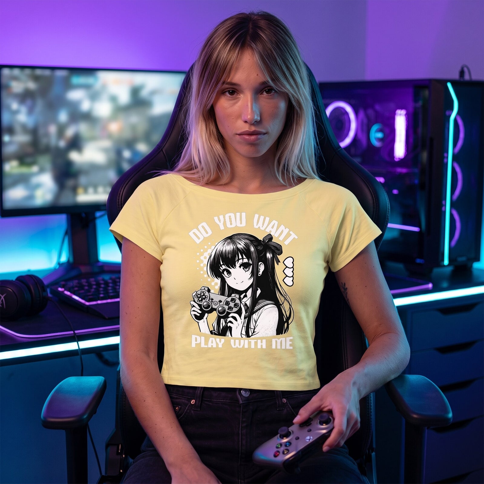 Crop top jaune imprime manga Do You Want Play With Me, porte devant un setup gaming aux neons violets