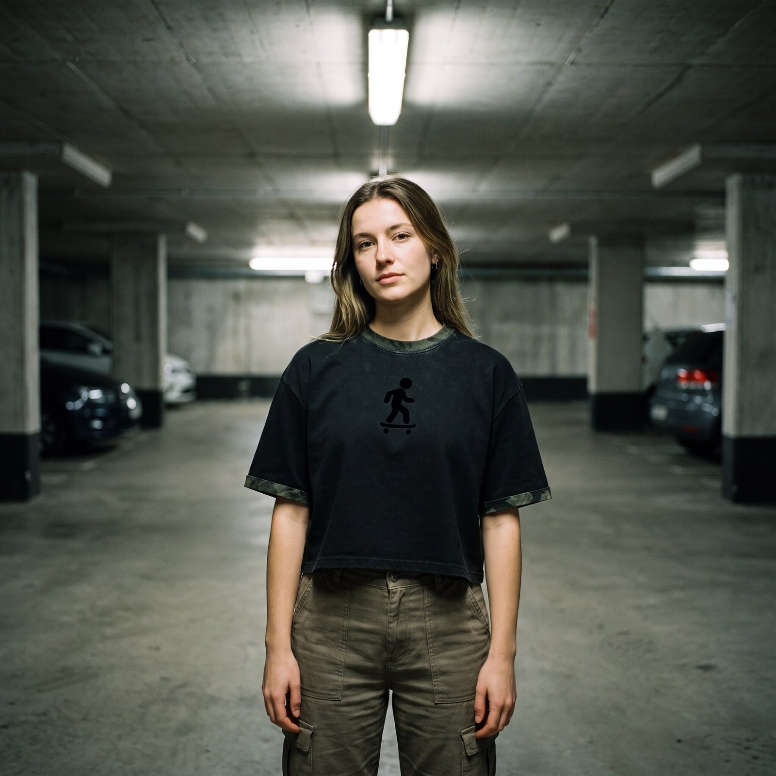 Crop top skate noir délavé et col camouflage, porté avec un cargo kaki entre les voitures d'un parking