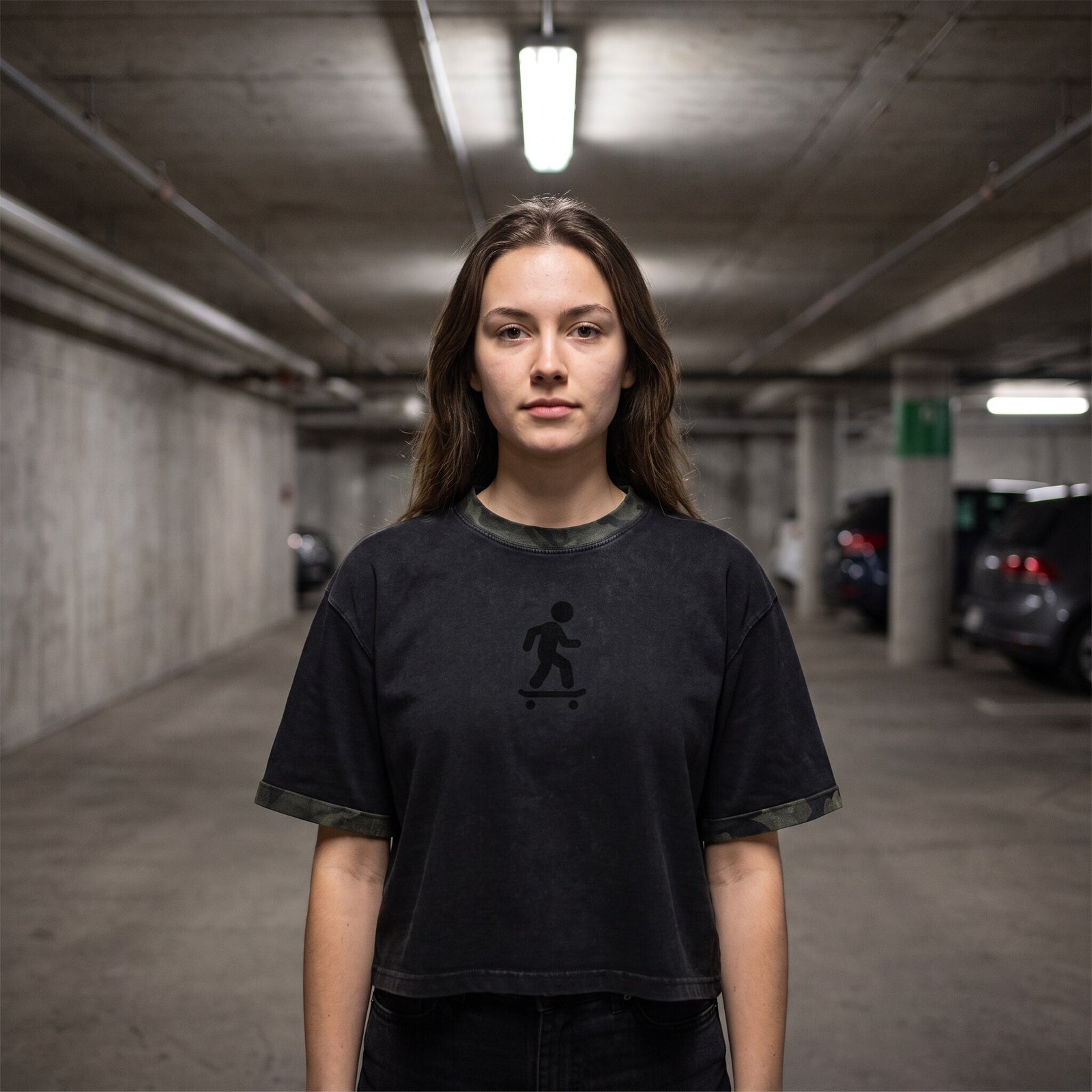 Crop top oversized noir lavé, ourlets camo et picto skateur, sous les néons d'un parking en béton