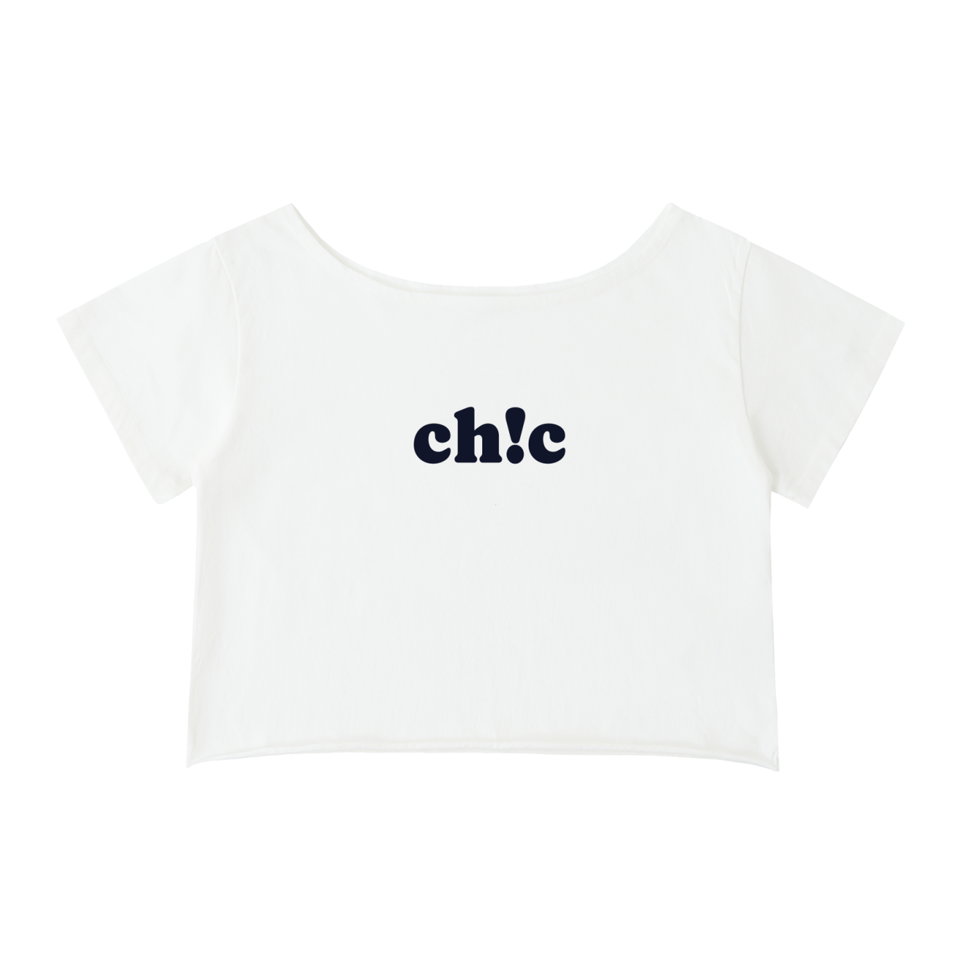 Crop top femme épaules dénudées en blanc - lettrage ch!c noir imprimé au centre de la poitrine