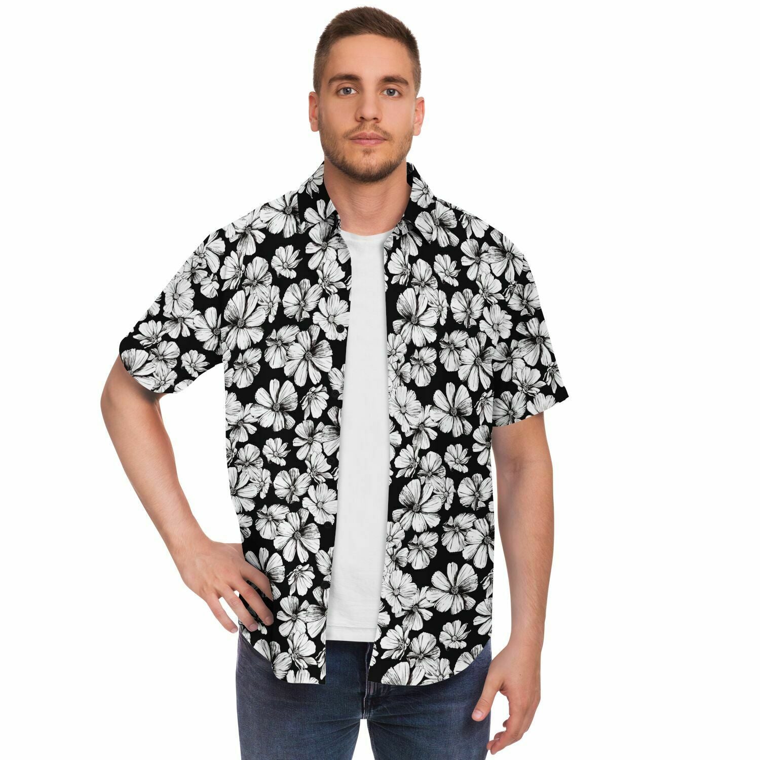 CHEMISE HOMME originale fleurs blanches sur fond noir - MANCHES COURTES
