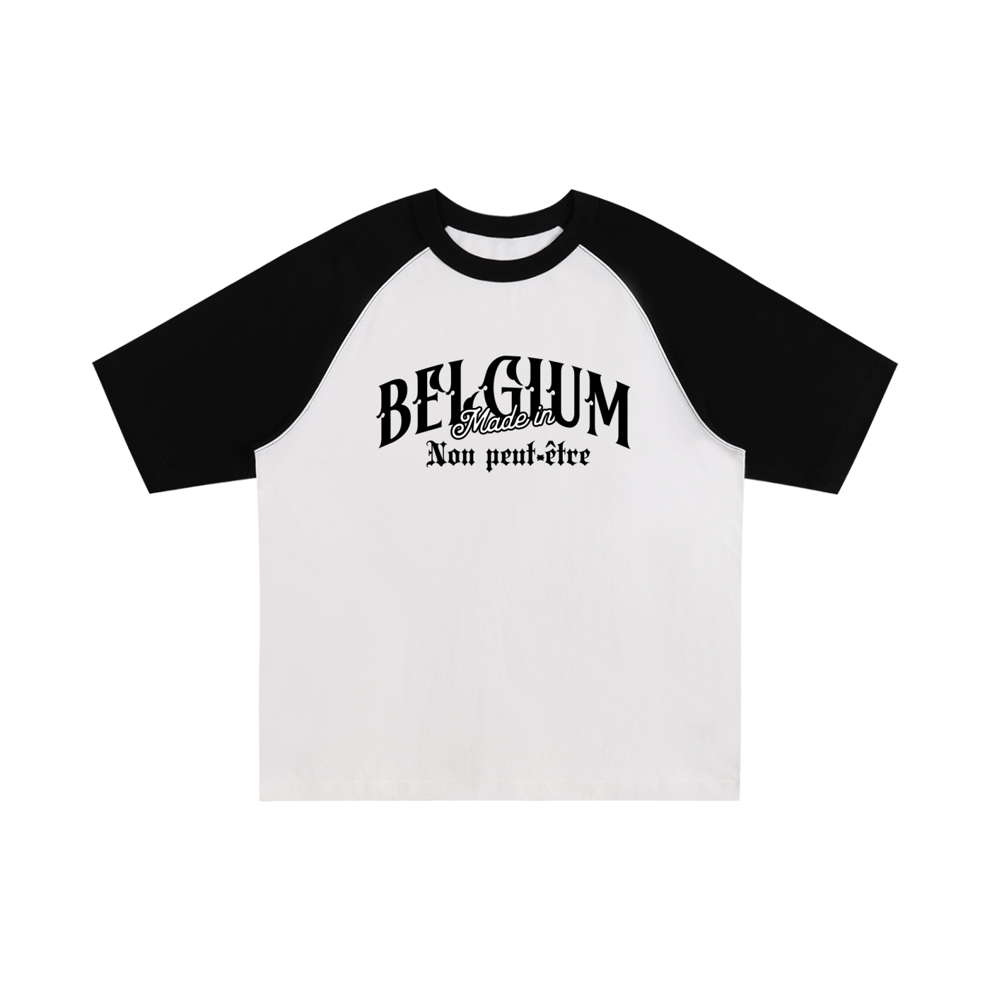 T-shirt belge raglan blanc à bras noirs - lettrage BELGIUM et Non peut-être imprimés au centre