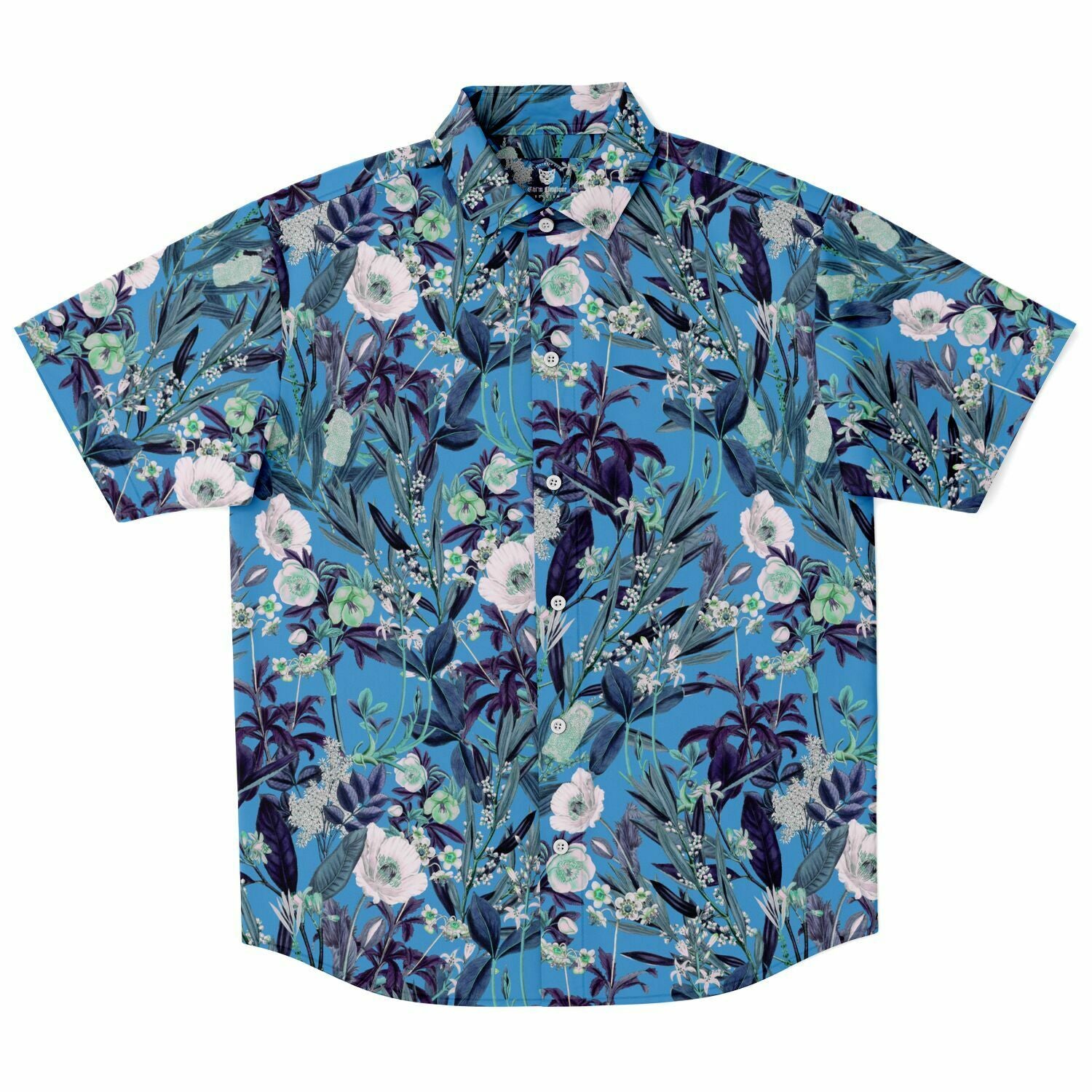 Chemise homme manches courtes bleue à fleurs des champs, vue de face à plat