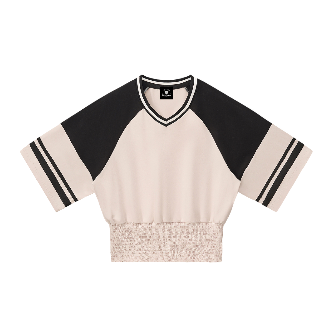 Packshot face du sweat crop raglan original femme abricot / noir