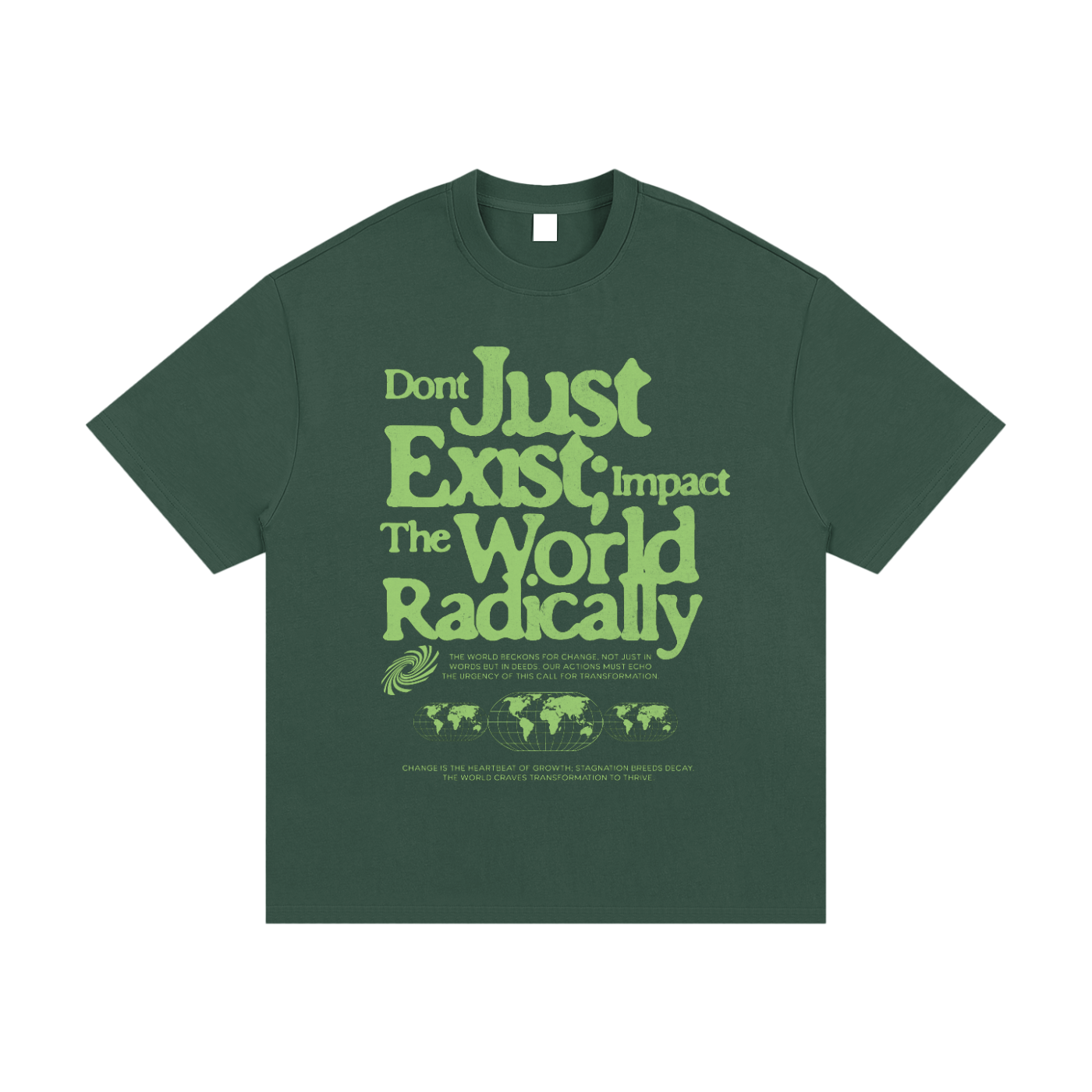 T-shirt oversized Impact The World Radically en vert foncé - imprimé typographique vert pomme de face