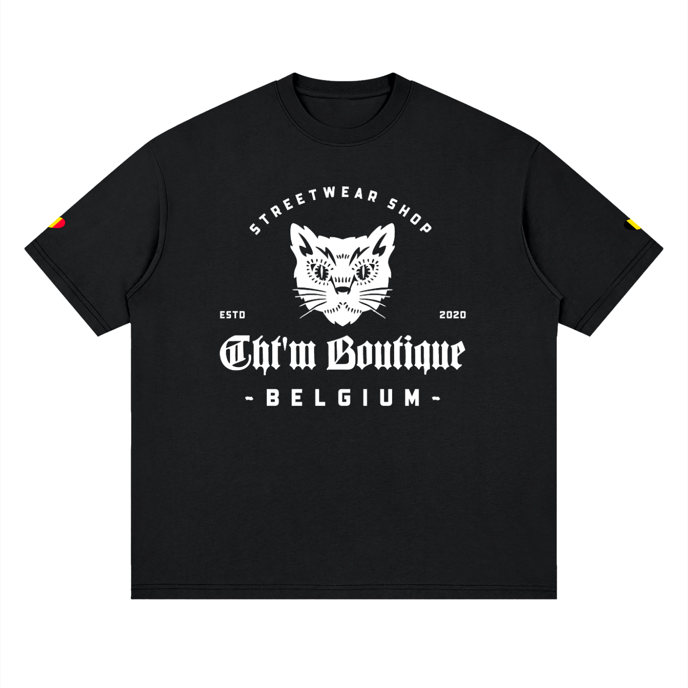 T-shirt oversized logo chat félin en noir, imprimé blanc CHT'M Boutique Belgium, vue de face