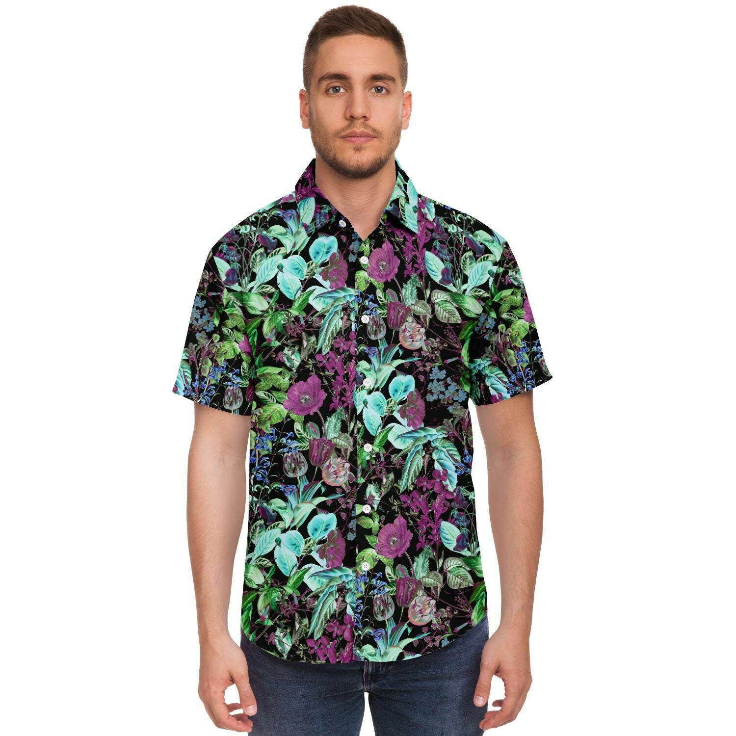 Chemise homme manches courtes feuillage vert et mauve, portée, vue de face