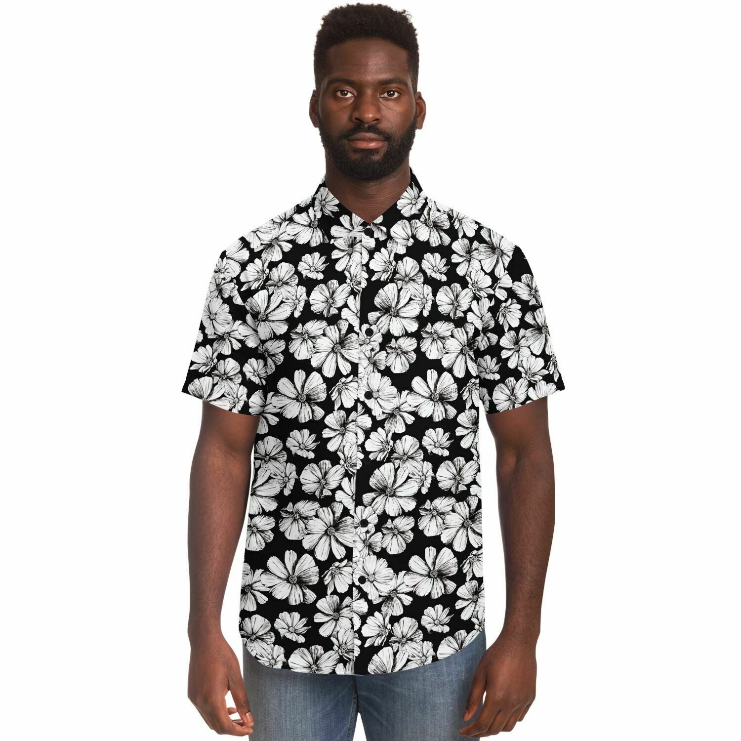 CHEMISE HOMME originale fleurs blanches sur fond noir - MANCHES COURTES