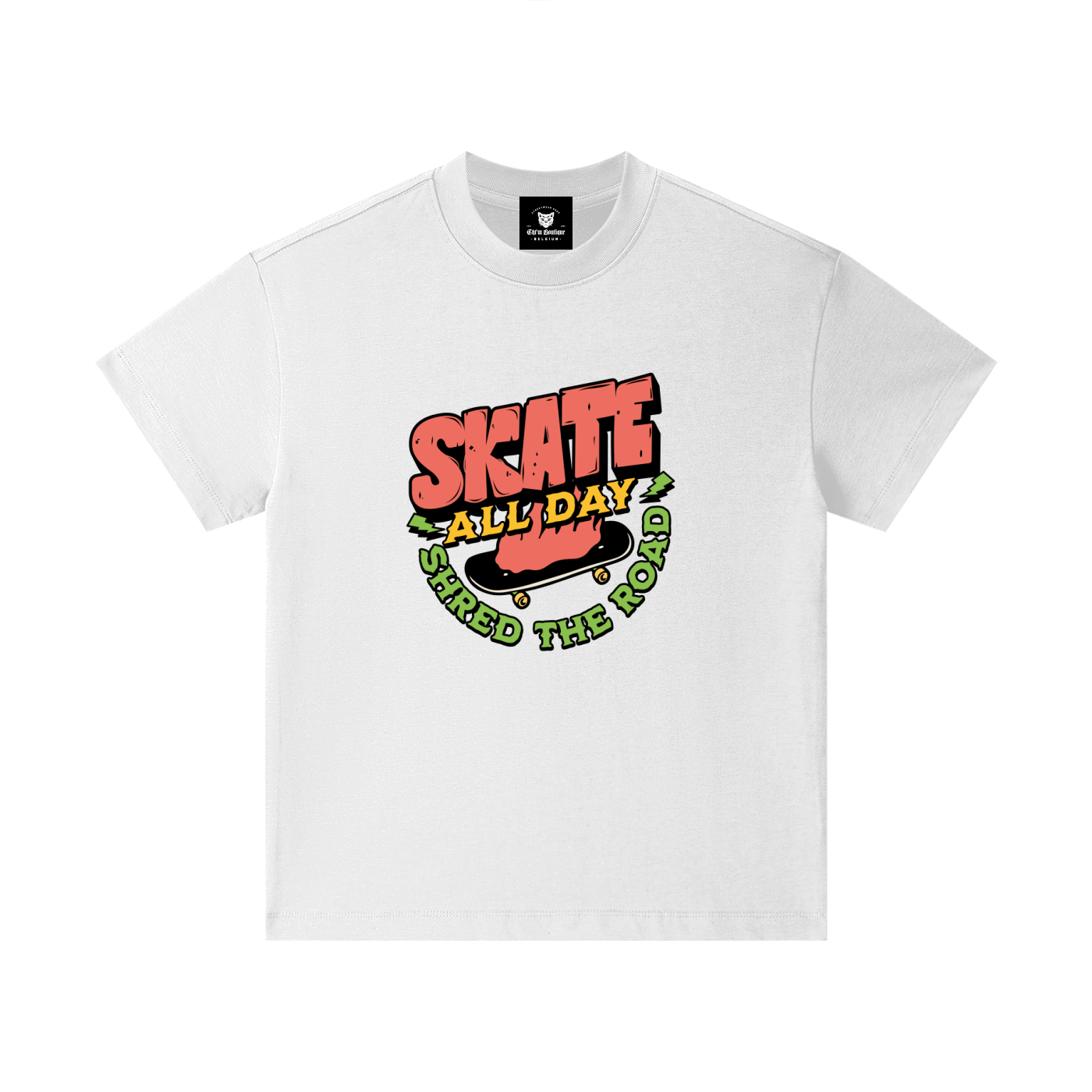 T-shirt enfant oversized Skate All Day en blanc - imprimé quatre couleurs plein devant