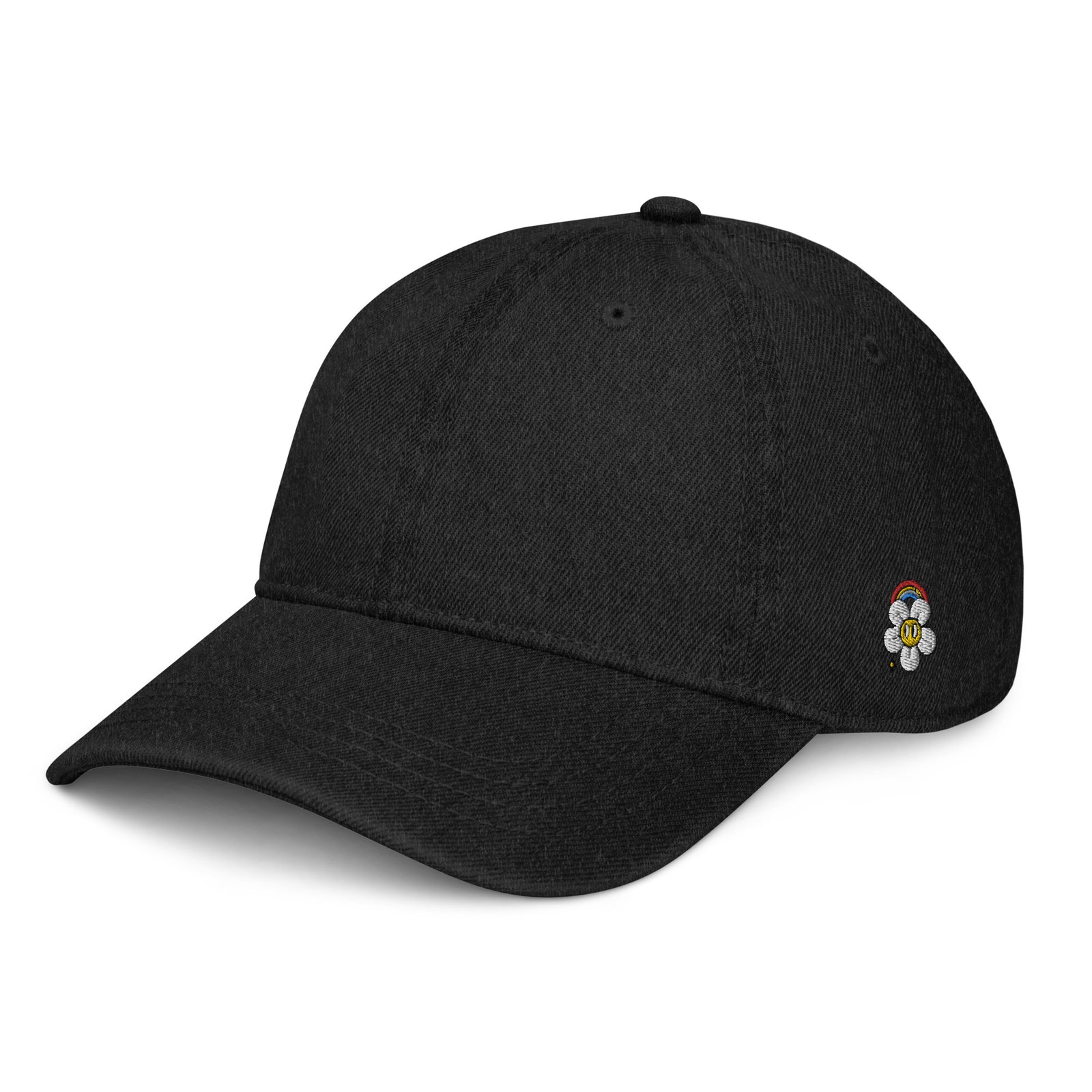 Casquette en jean noire pour femme brodée fleur peace, vue trois-quarts