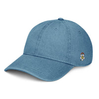 Casquette en jean bleue pour femme brodée fleur peace, vue trois-quarts