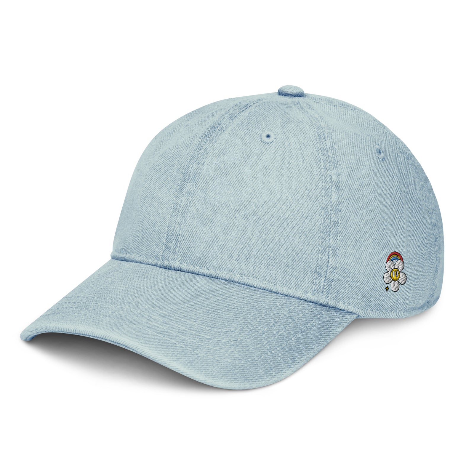 Casquette en jean bleu clair pour femme brodée fleur peace, vue trois-quarts