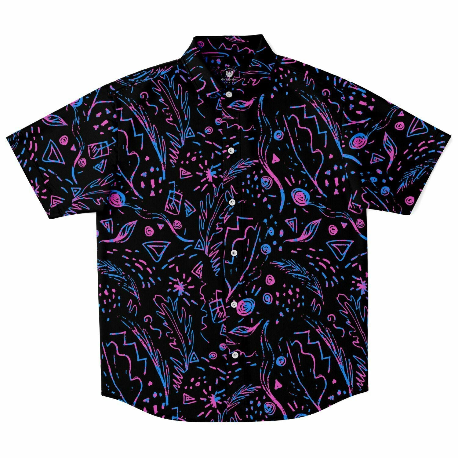 Chemise homme manches courtes noire motif néon abstrait, vue de face à plat