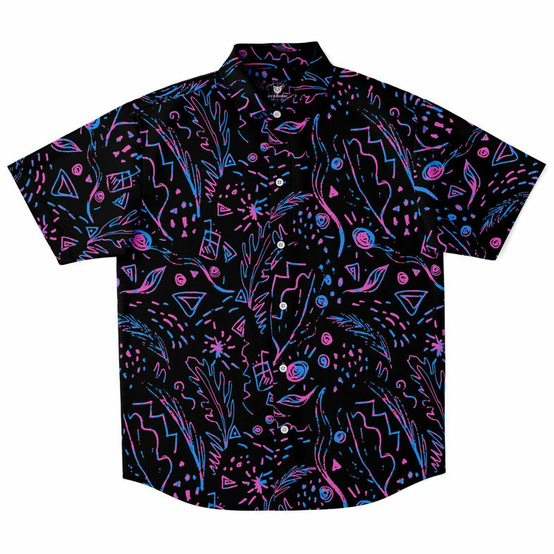 Chemise homme manches courtes noire motif néon abstrait, vue de face à plat