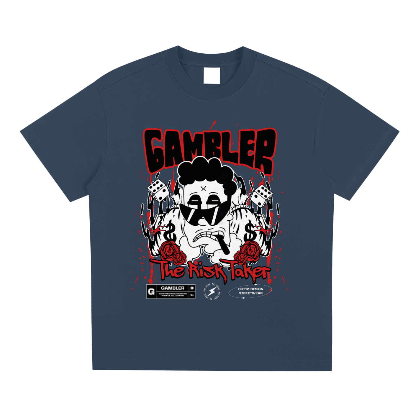 T-shirt oversized Gambler The Risk Taker en bleu nuit - mascotte cartoon, dés et dollars