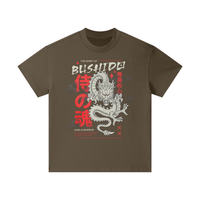 T-shirt oversized enfant Bushido en marron - imprimé dragon japonais et kanji rouges