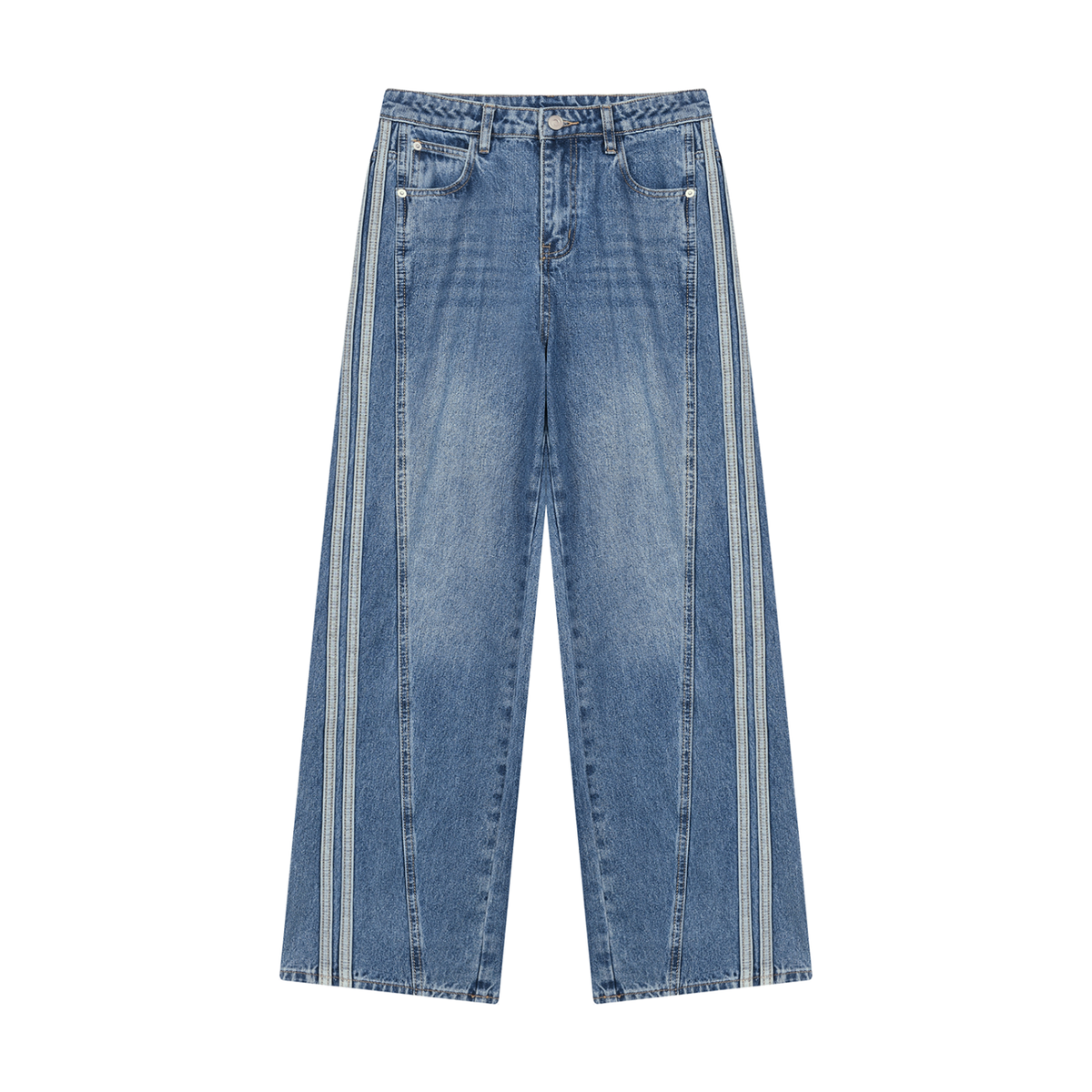 Jean large femme taille haute délavé bleu jean, vue de face