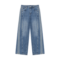 Jean large femme taille haute délavé bleu jean, vue de face