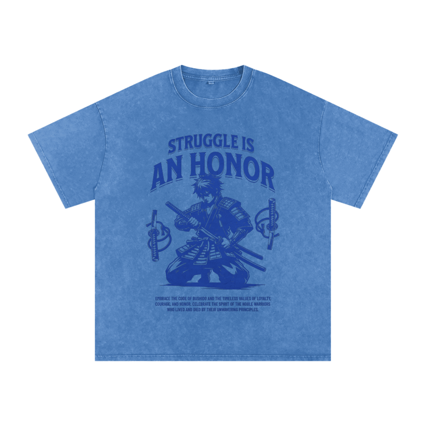 T-shirt oversized Bushido bleu délavé à plat - samouraï entre deux sabres et lettrage bleu