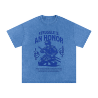 T-shirt oversized Bushido bleu délavé à plat - samouraï entre deux sabres et lettrage bleu