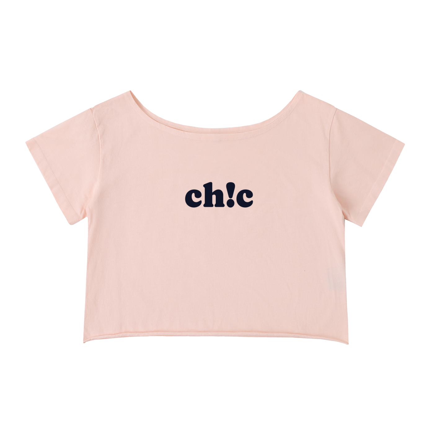 Crop top femme épaules dénudées en rose poudré - lettrage ch!c noir et encolure bateau large