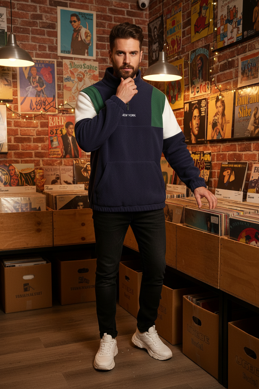 Sweat à capuche homme à motifs colorés et broderie de lettres, pull à demi-zip haut col, style streetwear décontracté pour un usage quotidien et en extérieur
