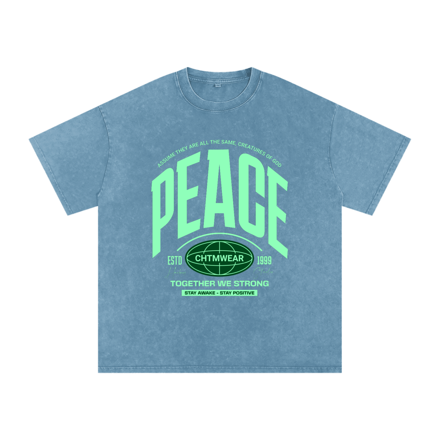 T-shirt oversized PEACE en bleu jean délavé - lettrage collège vert menthe et globe imprimé