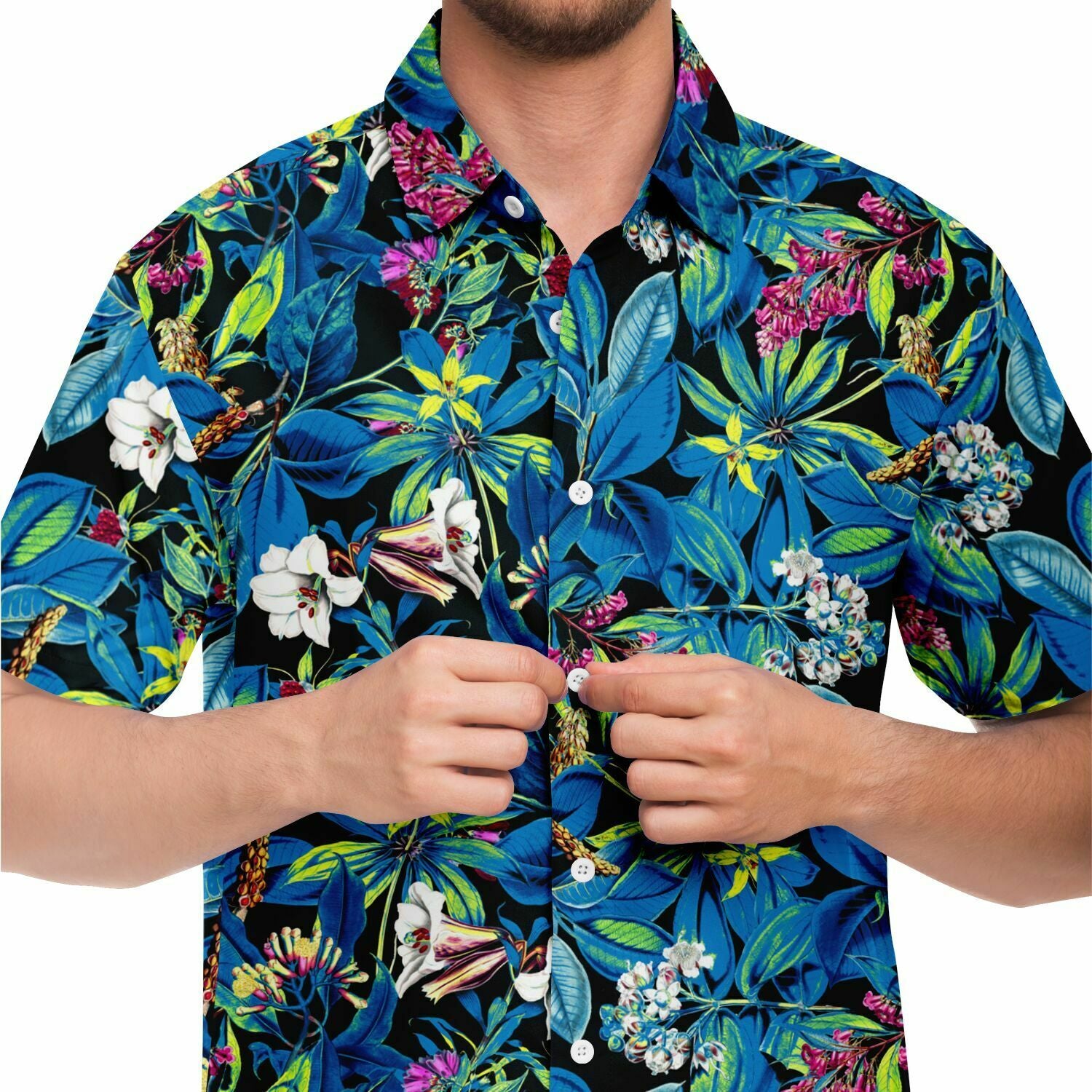 Chemise homme manches courtes bleue à feuillage tropical, gros plan sur l'imprimé