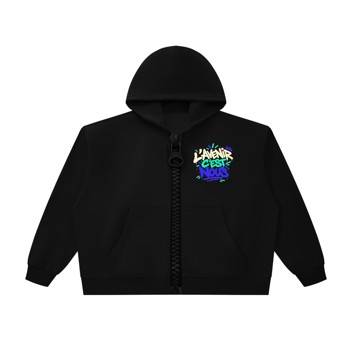 Hoodie zippé Gen Z « L'avenir c'est nous » – gros zip, coupe boxy