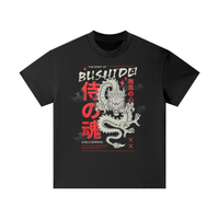 T-shirt oversized enfant Bushido en noir - imprimé dragon japonais et kanji rouges