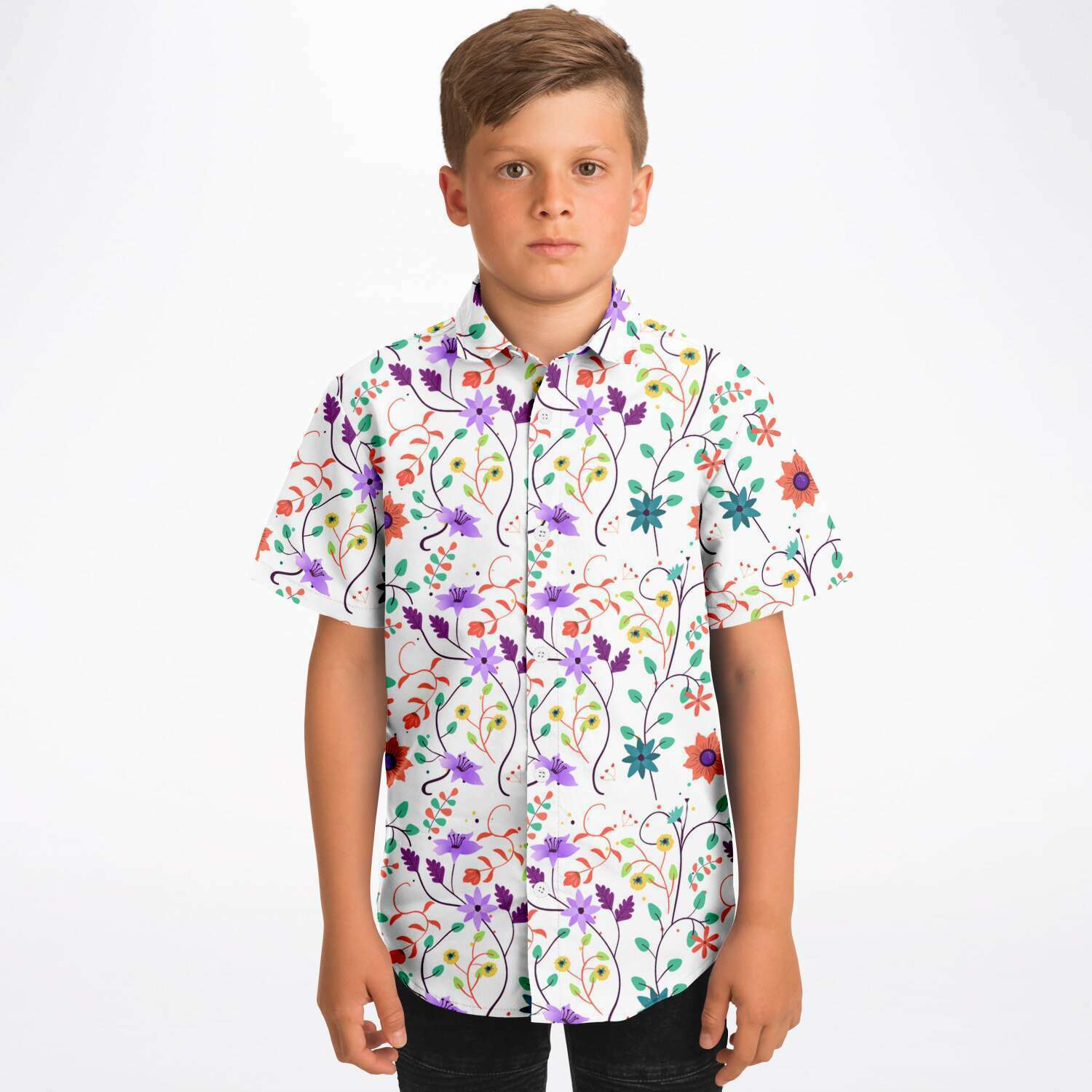 Chemise Garçon Originale Fleurs De Couleurs Manches Courtes