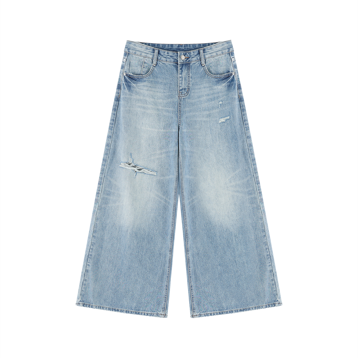 Jean wide leg femme déchiré délavé bleu clair, vue de face