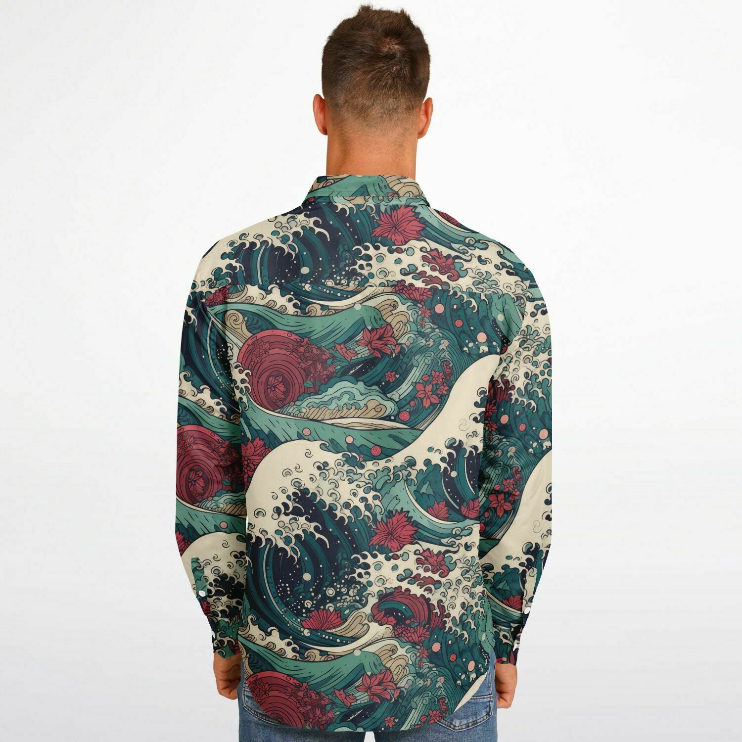 chemise homme manches longues imprimé vagues japon