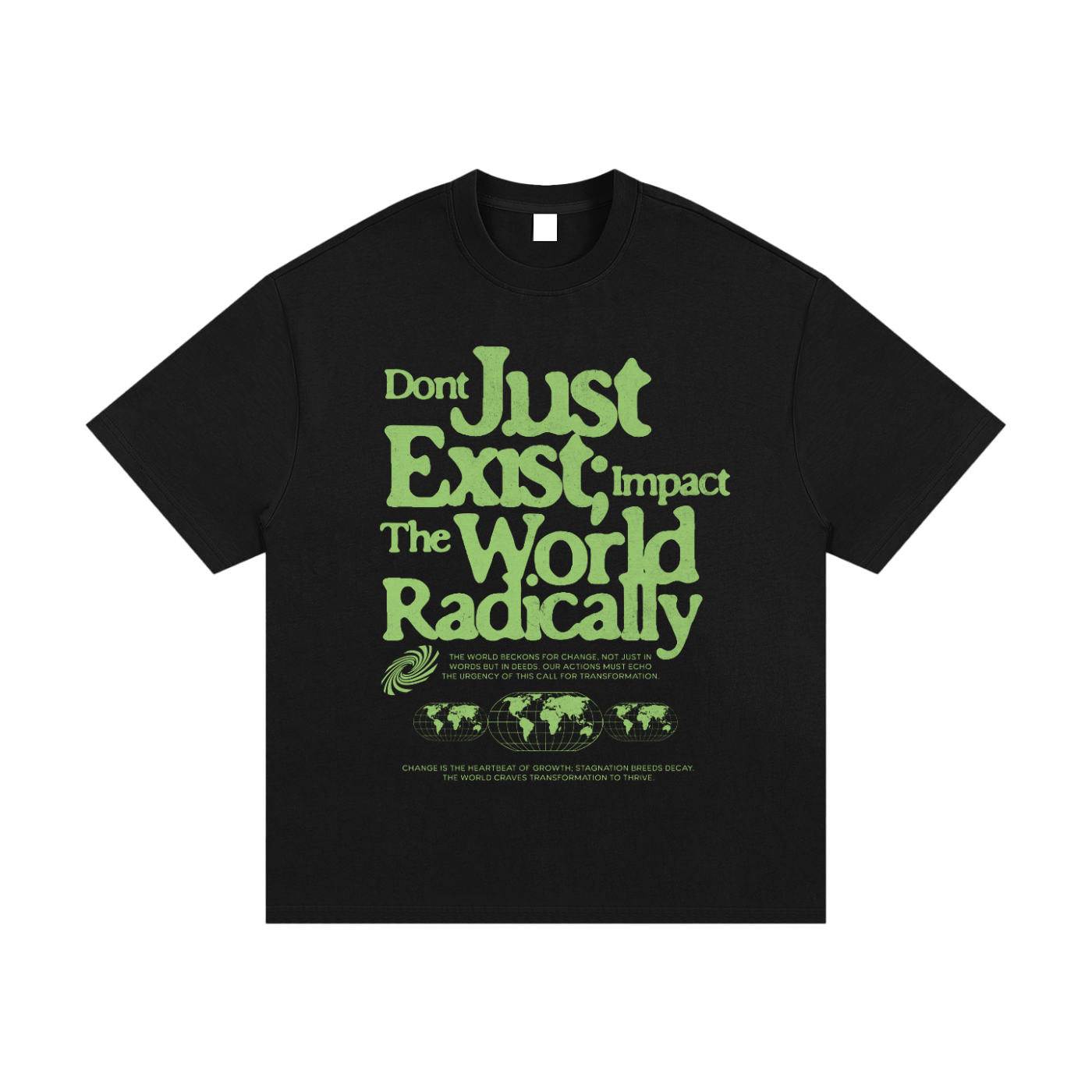 T-shirt oversized Impact The World Radically en noir - manifeste typographique et planisphères verts