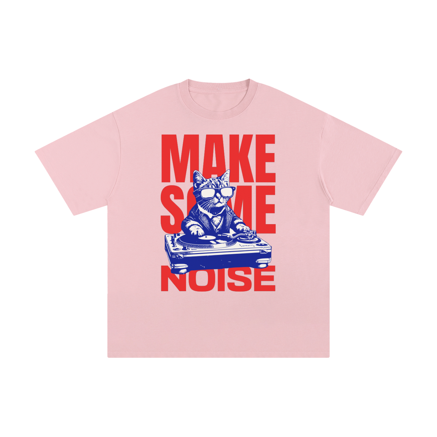 T-shirt oversized chat DJ en rose - imprimé Make Some Noise rouge et bleu sur le devant
