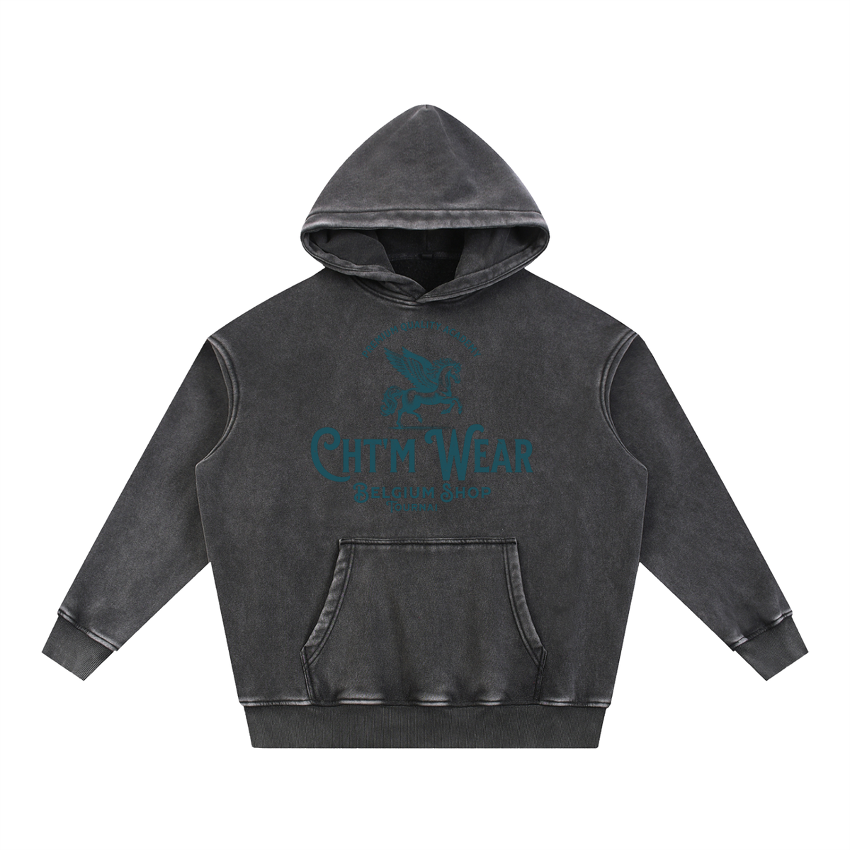 Hoodie oversize délavé CHT'M Wear noir, vue de face avec le design pégase Belgium Shop Tournai