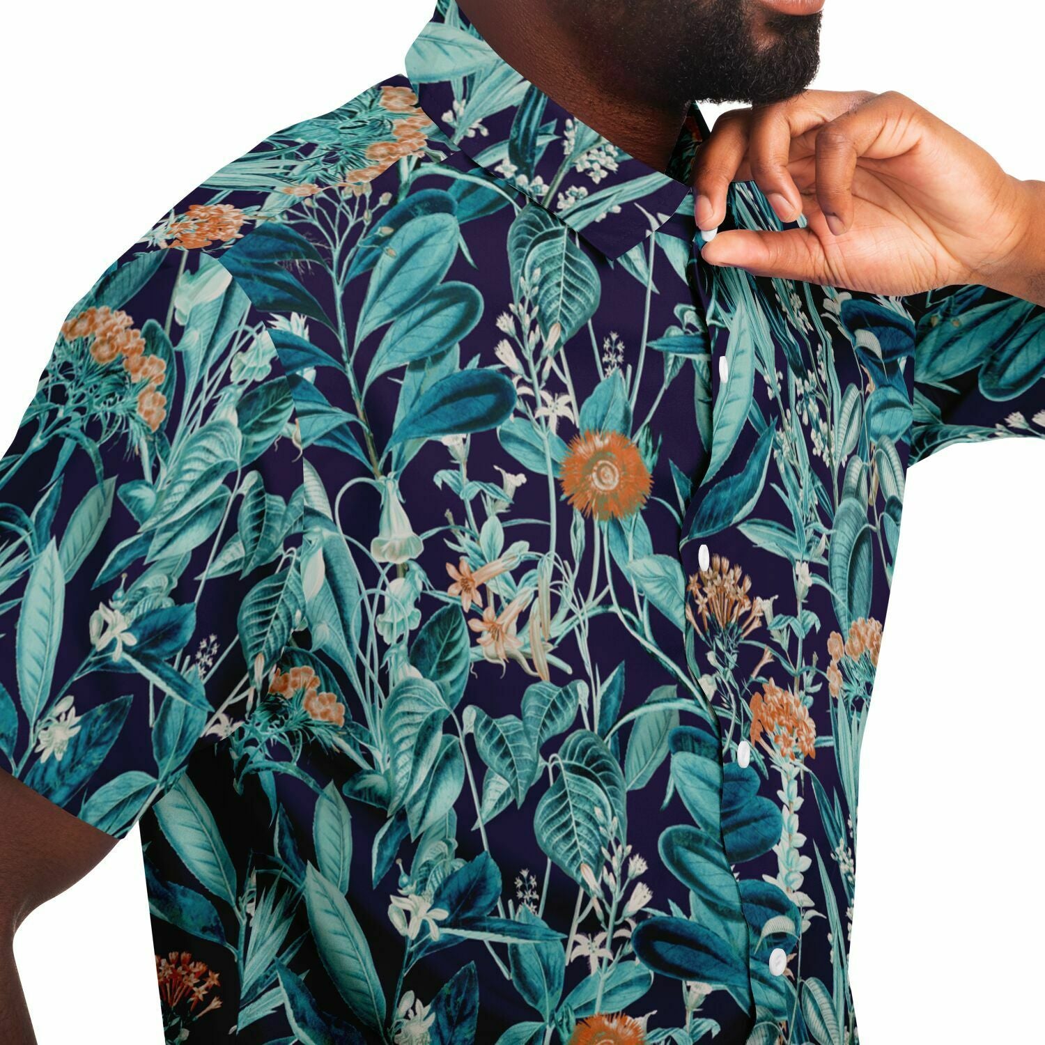 Chemise homme manches courtes jungle bleu canard, gros plan sur le tissu