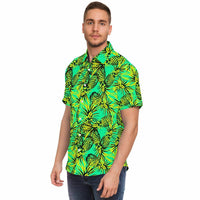 Chemise homme manches courtes vert fluo à ananas, portée, profil gauche