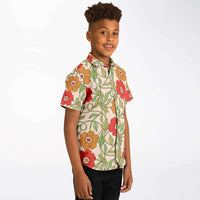 mode enfant chemise beige à fleurs rouges