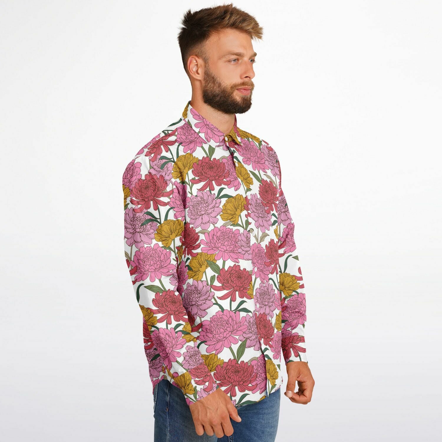 chemise masculine à motif floral rose