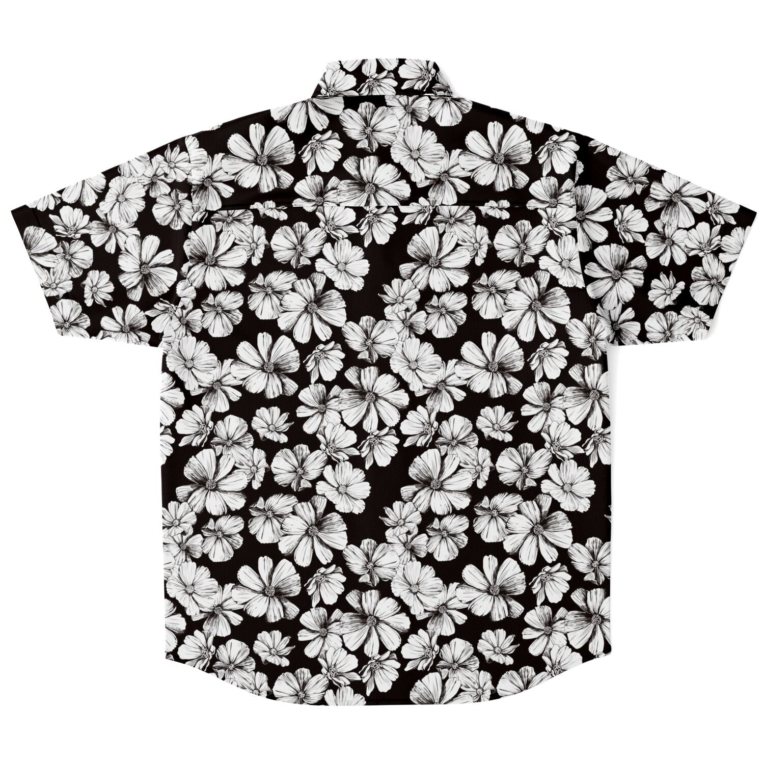 Chemise homme manches courtes noir et blanc à grandes fleurs, vue de dos à plat
