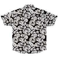 Chemise homme manches courtes noir et blanc à grandes fleurs, vue de dos à plat