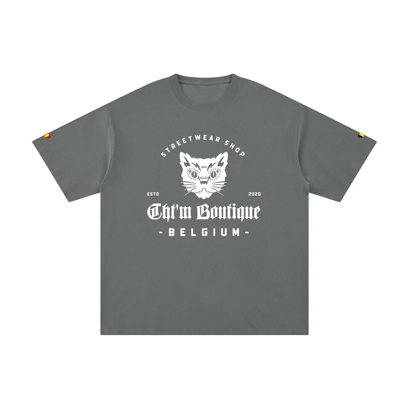 T-shirt oversized logo chat gothique en gris moyen, imprimé blanc CHT'M Belgium, vue de face