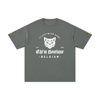 T-shirt oversized logo chat gothique en gris moyen, imprimé blanc CHT'M Belgium, vue de face