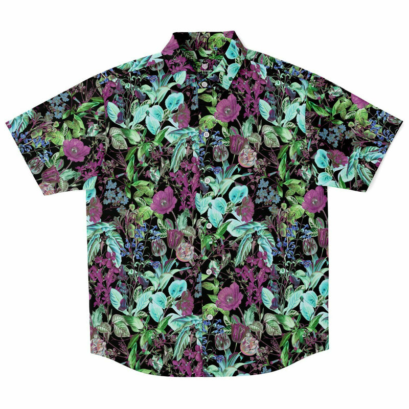 Chemise homme manches courtes feuillage vert et mauve, vue de face à plat