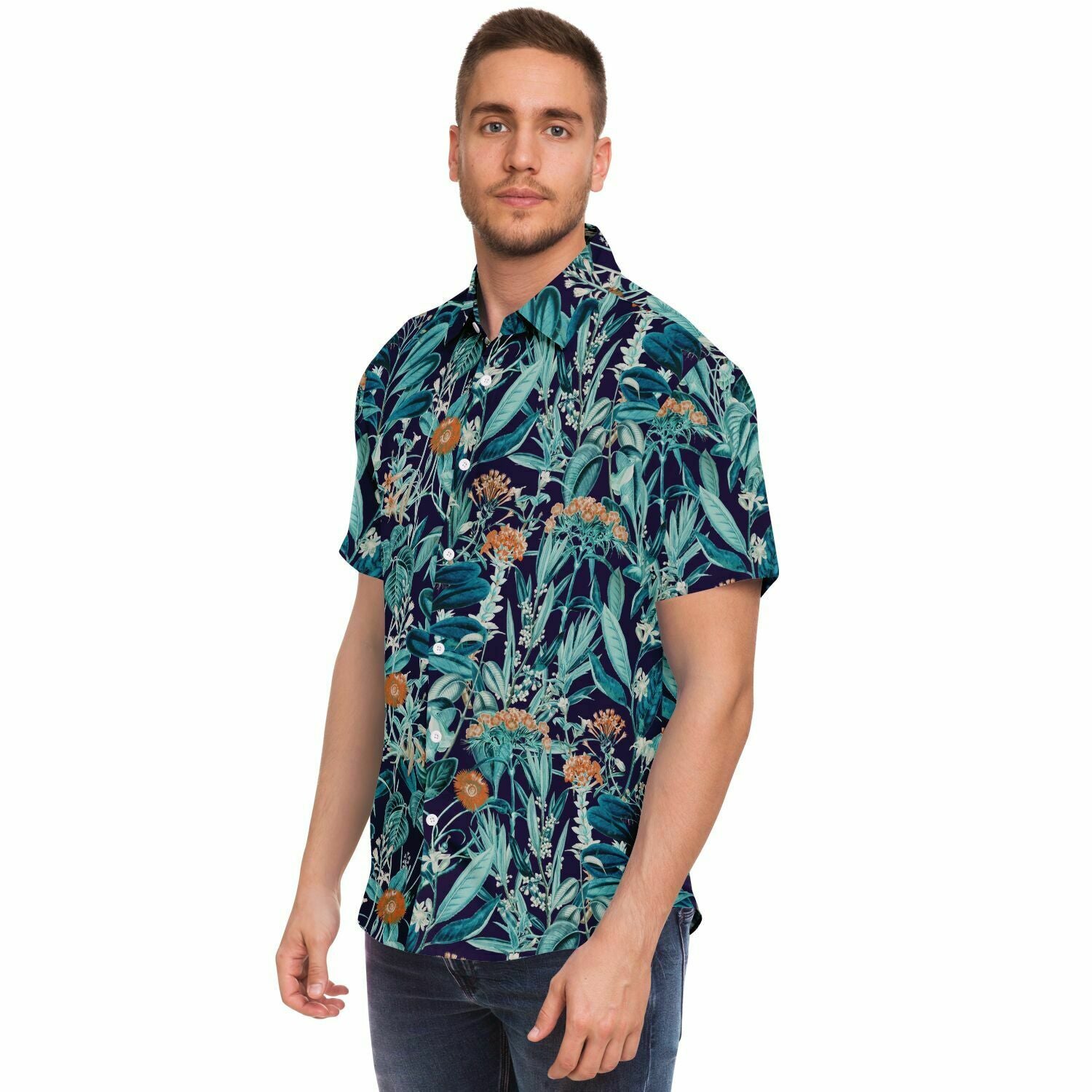Chemise homme manches courtes jungle bleu canard, portée, profil gauche