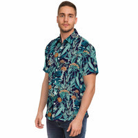 Chemise homme manches courtes jungle bleu canard, portée, profil gauche