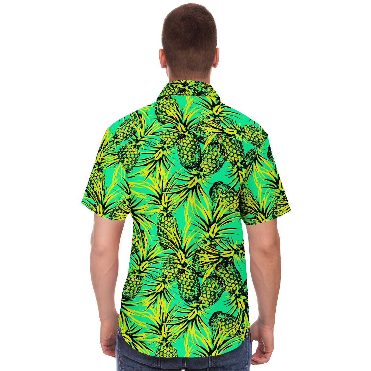 Chemise homme manches courtes vert fluo à ananas, portée, vue de dos