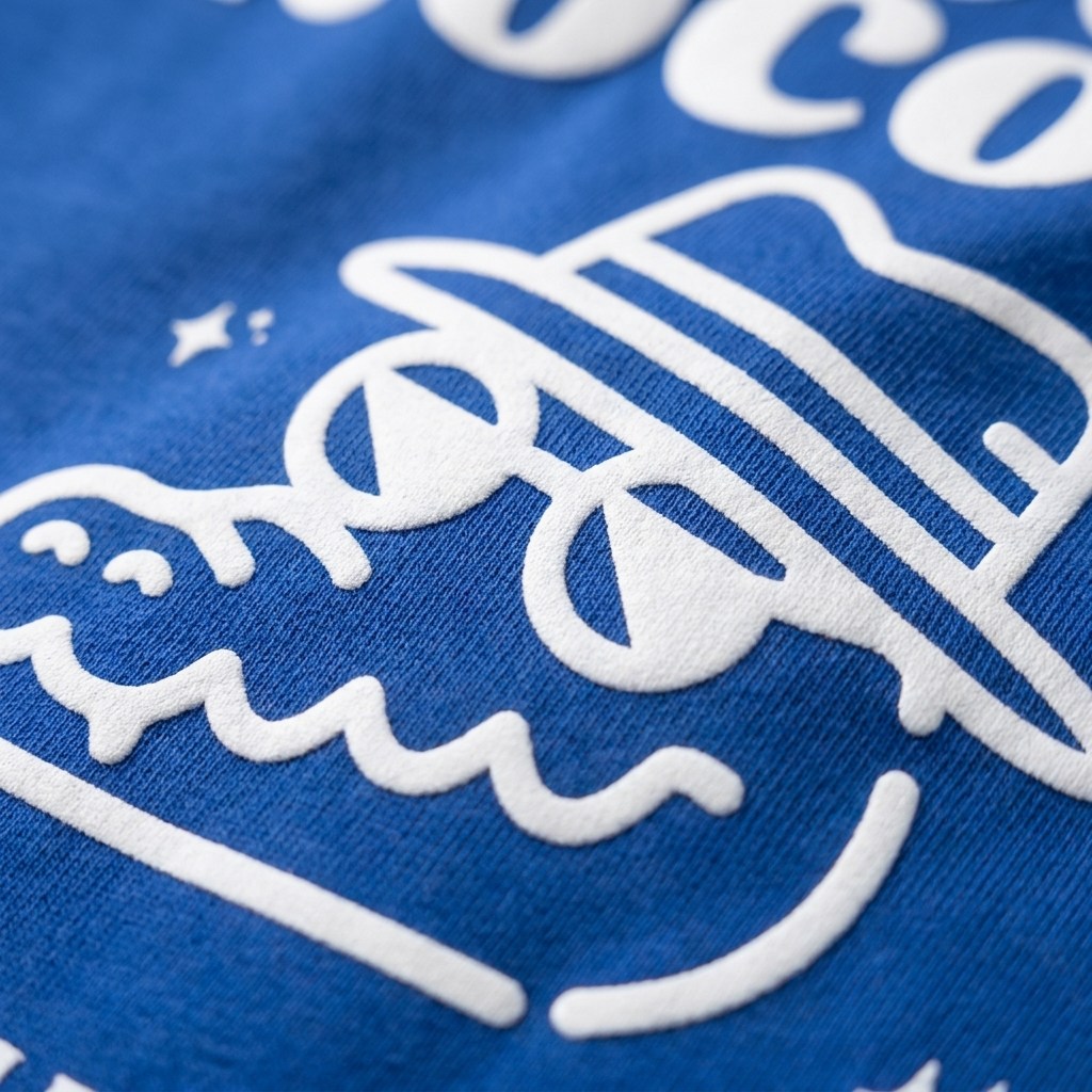 Gros plan macro du print blanc crocodile sur le coton bleu vif du t-shirt enfant oversized